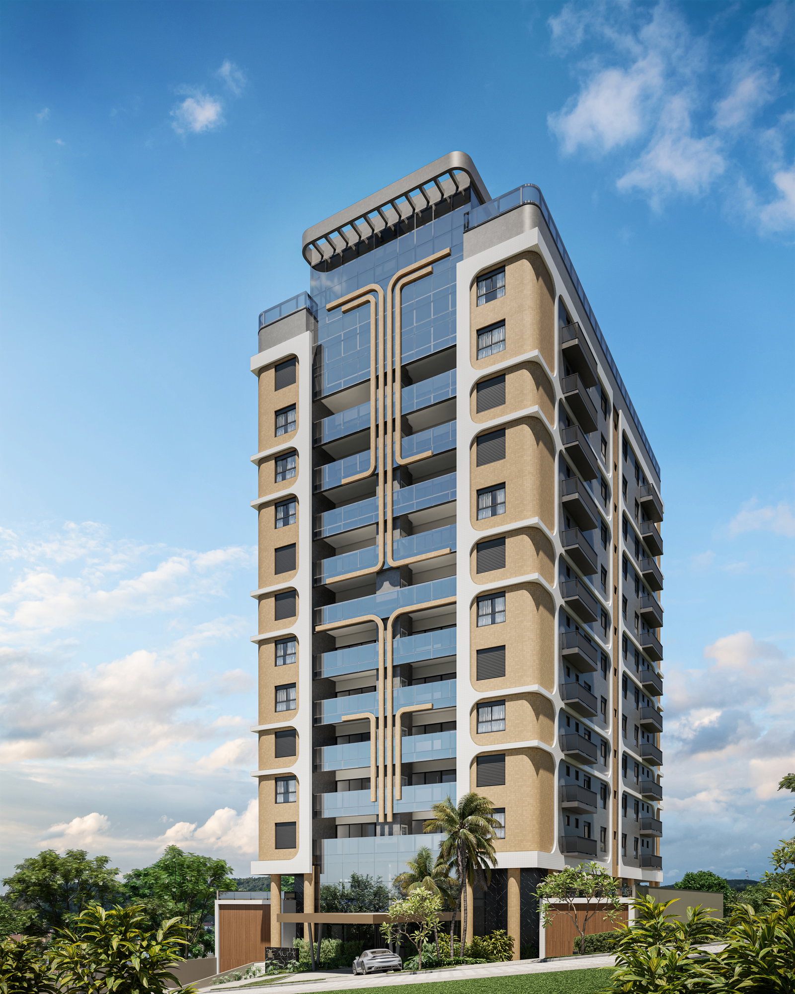 Fachada diurna do Aura Residence na Av. Getúlio Vargas, Criciúma