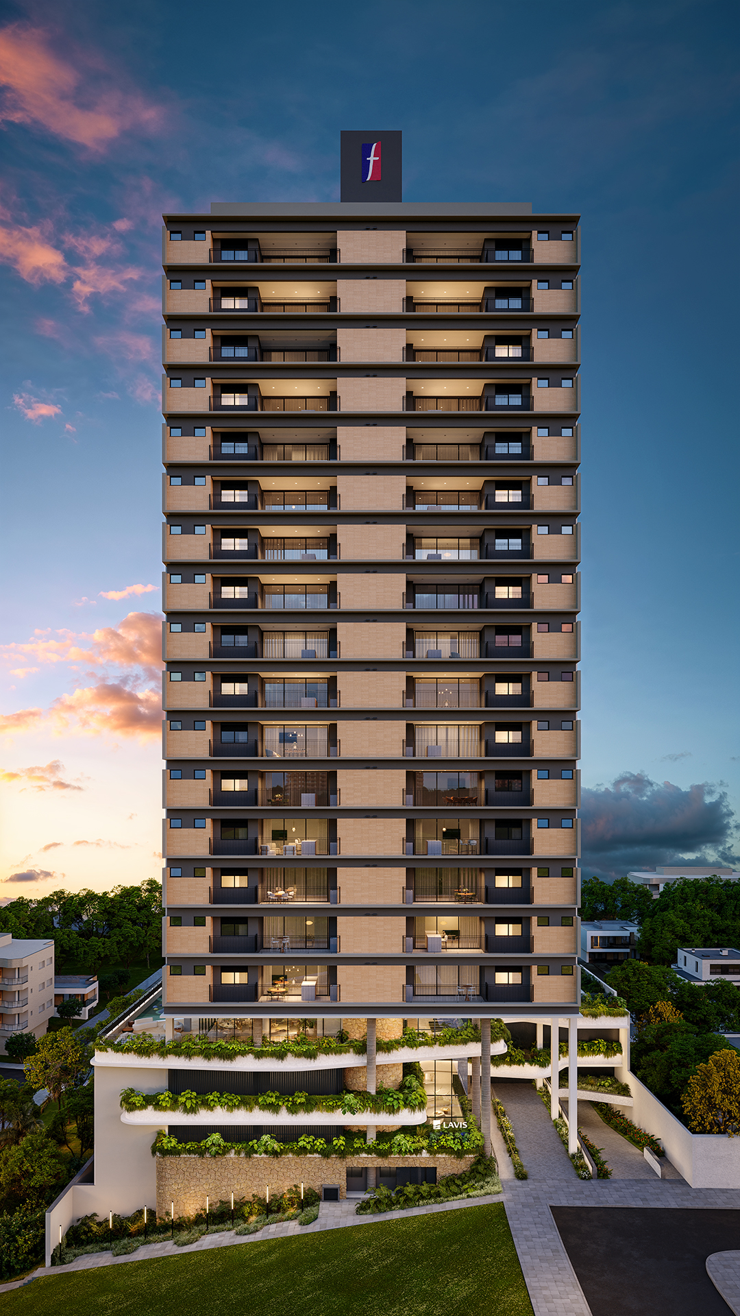 Fachada frontal do Lavis Residencial ao entardecer no Centro de Criciúma