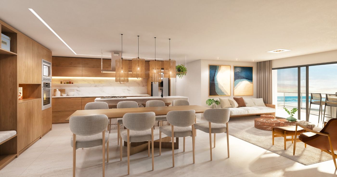 Cozinha e living integrados com vista para o mar