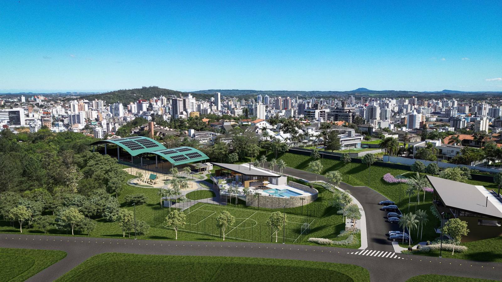 BellaVista Exclusive Residence, vista aérea do complexo de lazer com a cidade ao fundo