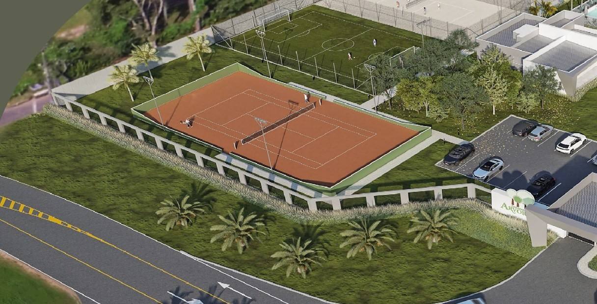 Condomínio do Arvoredo, vista aérea do clube com quadra de tênis