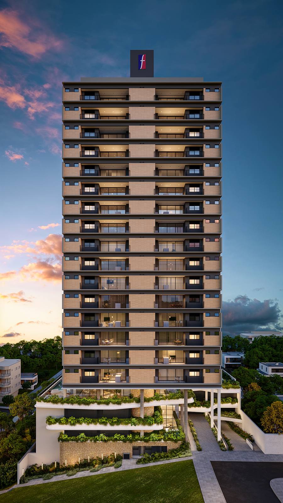 Fachada frontal do Lavis Residencial ao entardecer no Centro de Criciúma